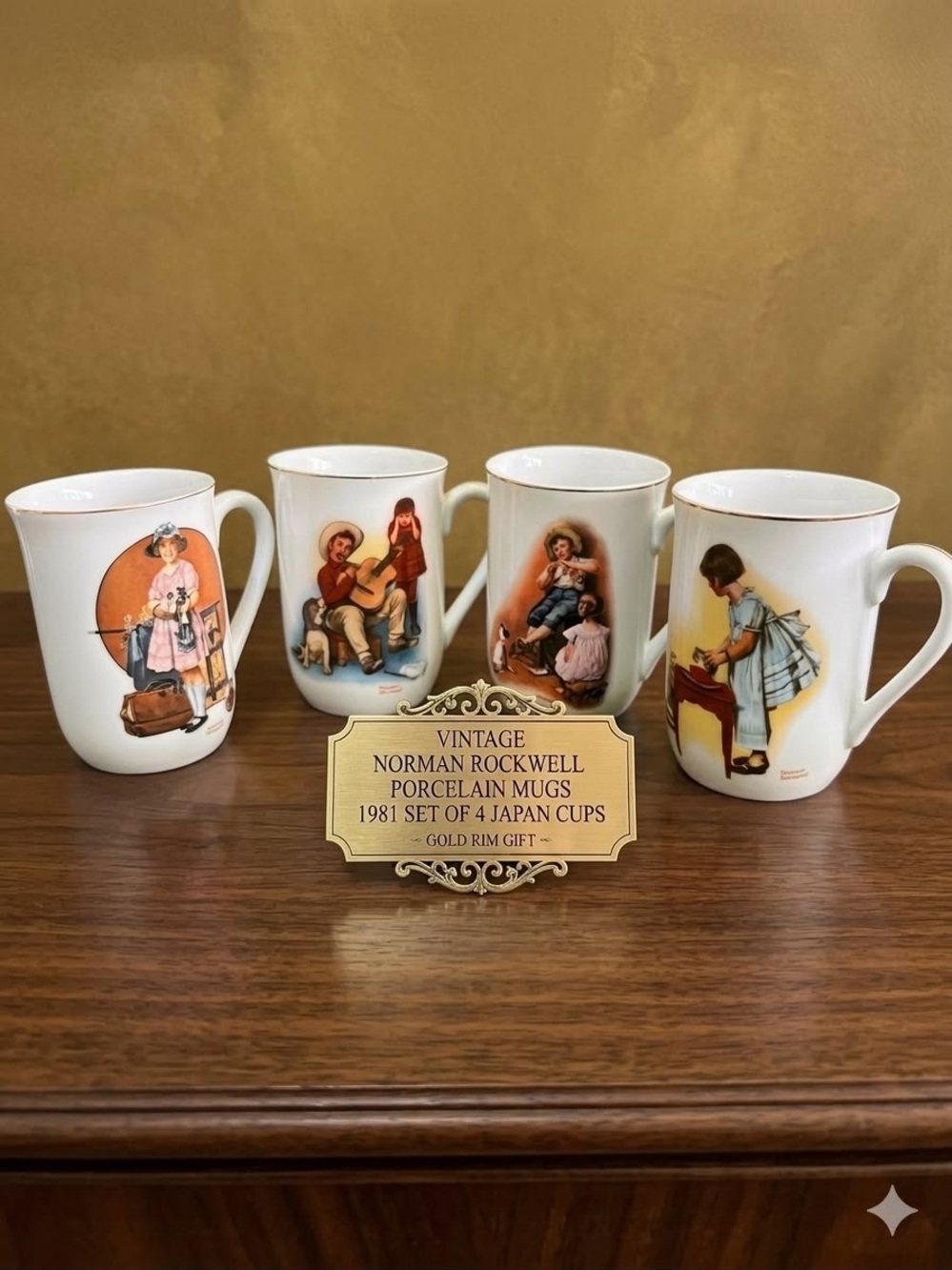 Norman Rockwell Heritage Collection Mugs Set of 4 1981 White Porcelain
